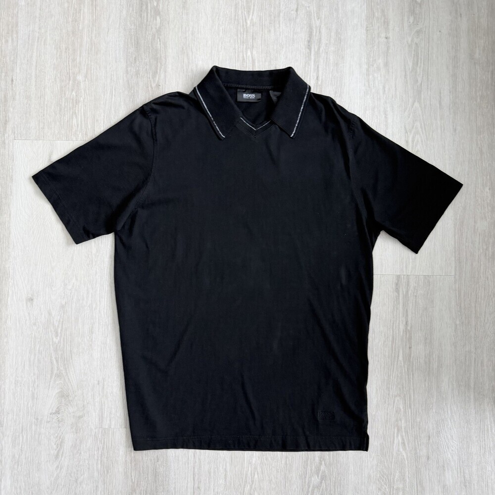 Hugo Boss Polo Shirt Johnny Collar Black Short Sleeve Open Neck Size M EUC